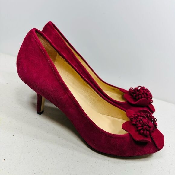 Kate Spade New York Suede Red High Heeled Pump Slip On Shoes Raised Flower 10 - Picture 2 of 7
